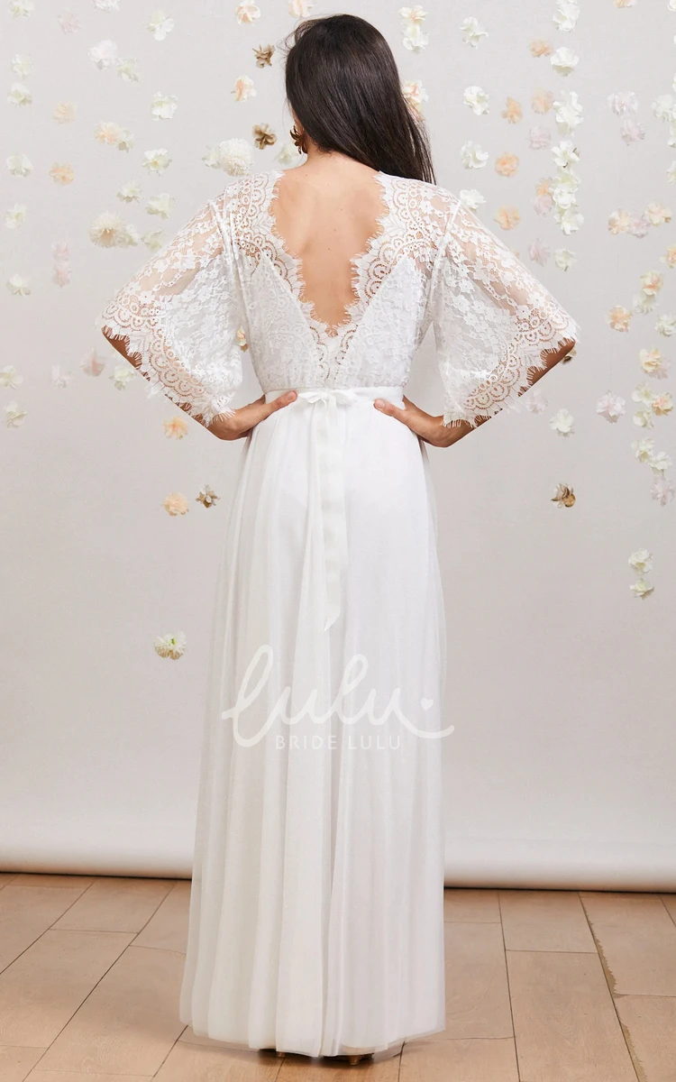 Vintage Bohemian Deep V Bridal Gown with Half Sleeves Garden Wedding Dress for Brides