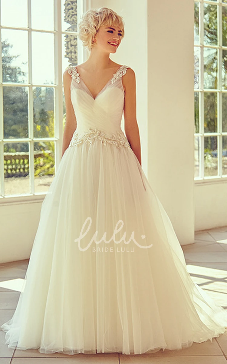 Maxi Tulle Wedding Dress with Appliques and Cap Sleeves Romantic Bridal Gown