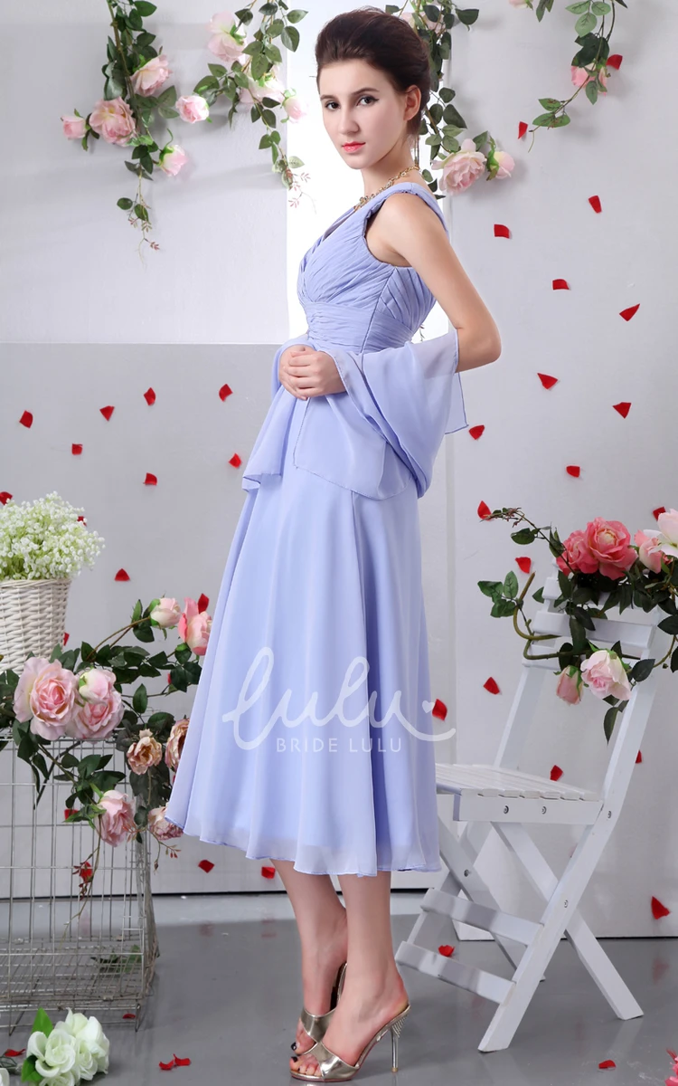 Chiffon V-Neck Mother of the Bride Dress with Ruching Tea-Length Elegant 2024