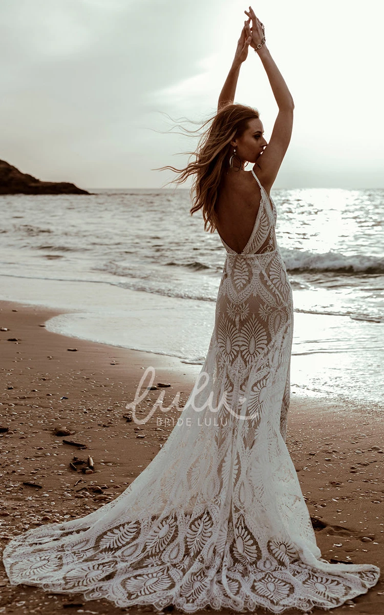 Vintage Elegant Beach Mermaid Boho Lace Wedding Dress with Plunging V-Neck and Court Train