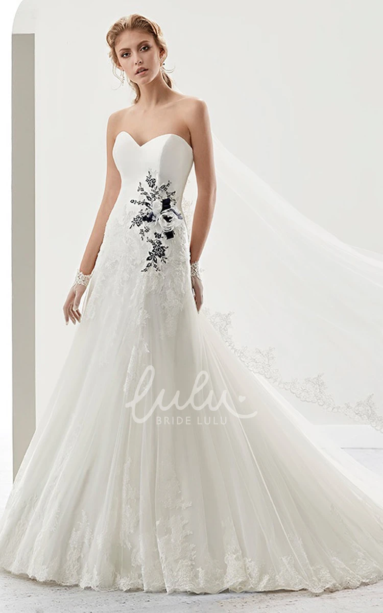 Striking Floral Applique Sweetheart Wedding Dress with Brush Train