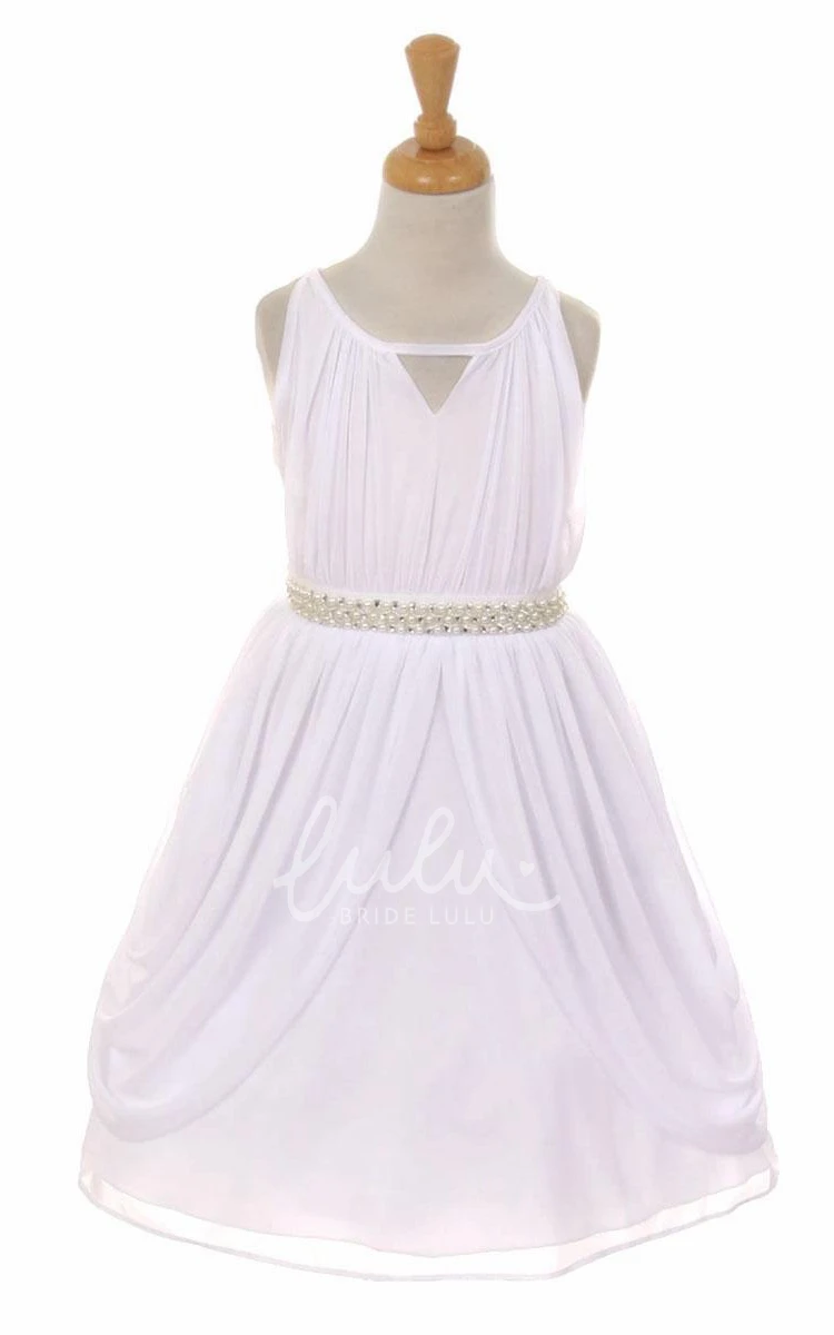 Pleated Chiffon High Neck Flower Girl Dress with Tiered Design and Ribbon