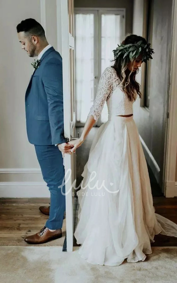 Two Piece Lace Wedding Dress with Ruching V-neck and Sweep Brush Train