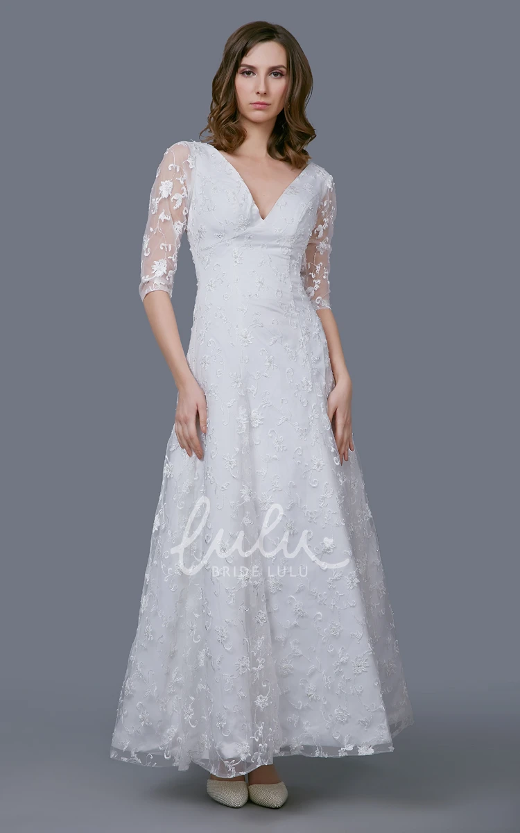 V-neckline Tea Length Gown with Illusion Sleeve and Embroidery Modern Wedding Dress