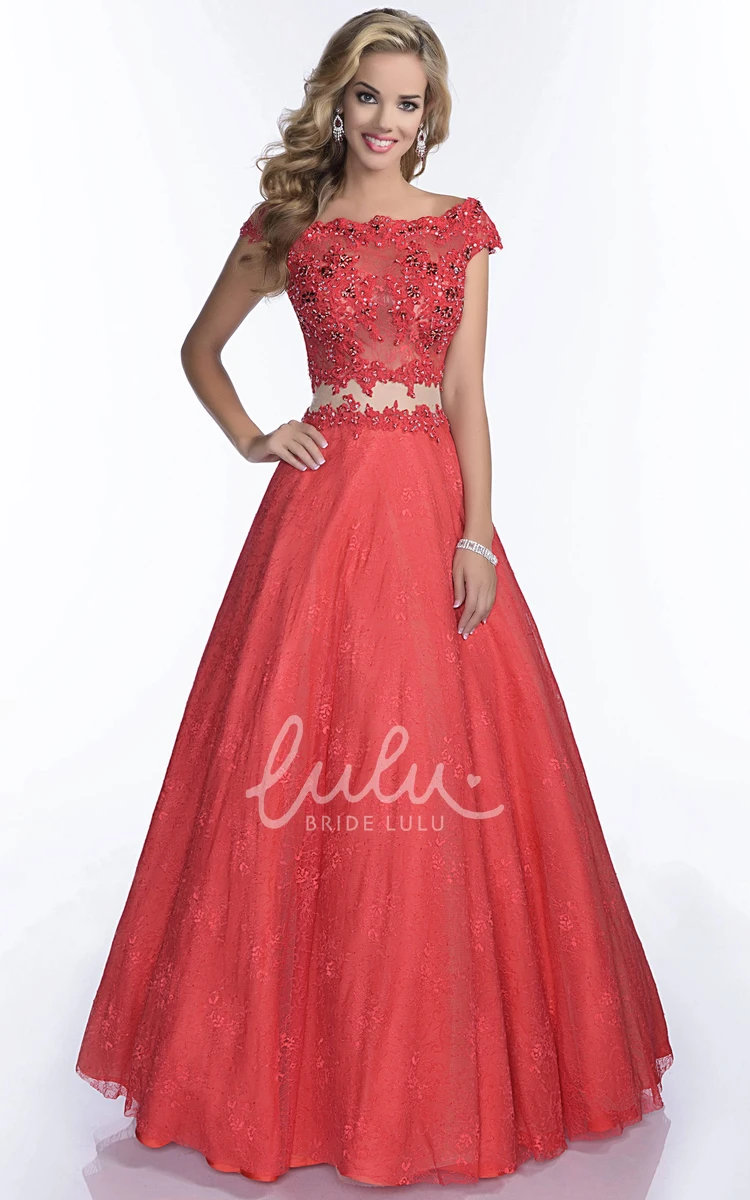 Cap Sleeve Lace A-Line Prom Dress with Scalloped-Edge and Keyhole Back
