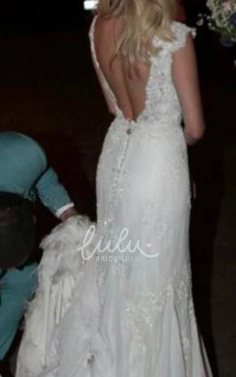 Queen Anne V-neck Lace Sheath Wedding Dress Open Back Style