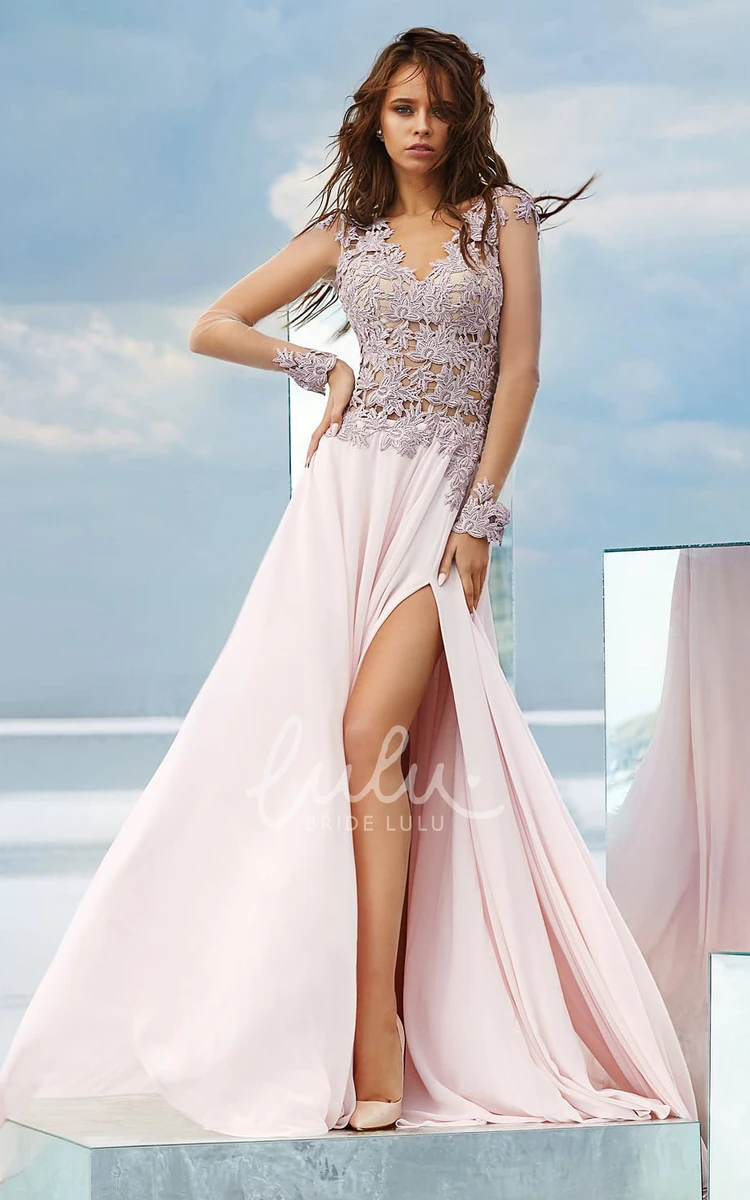 Chiffon V-neck Long Sleeve A-line Formal Dress with Low-V Back