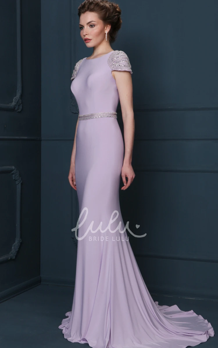 Floor-Length Beaded Jewel-Neck Sheath Formal Dress with Waist Jewelry