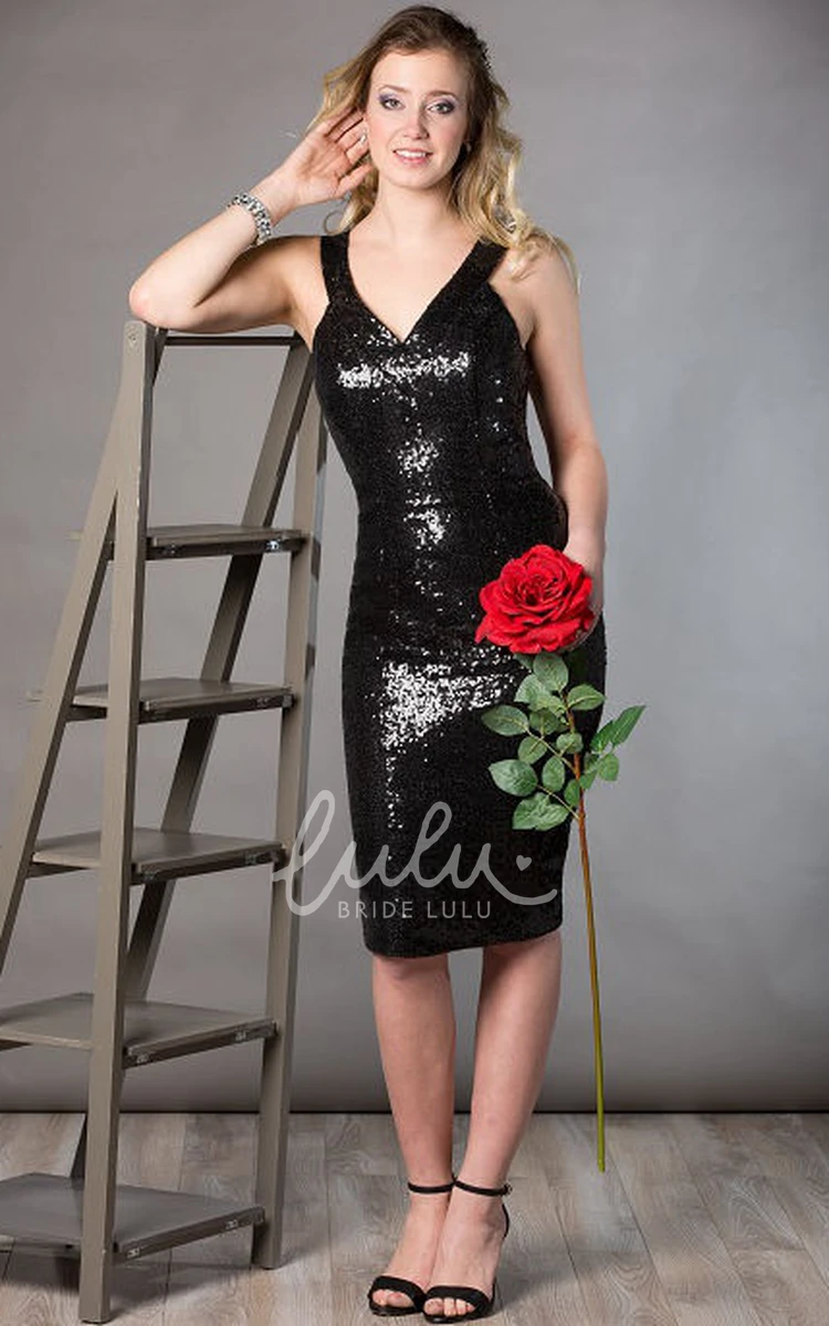 Knee Length V Neck Sequin Mother Of The Bride Dress Sleeveless Sheath