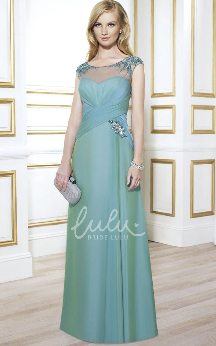 Maxi Scoop-Neck Satin Prom Dress With Cap-Sleeves and Beading