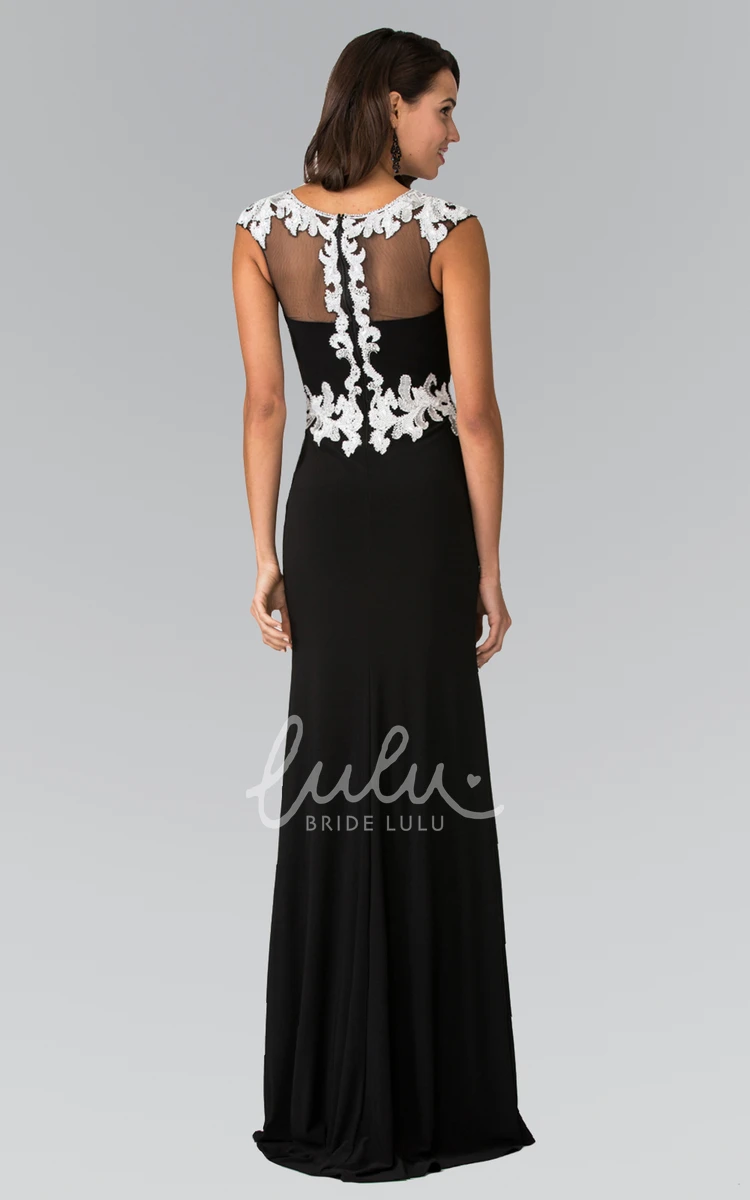 Cap-Sleeve Sheath Illusion Formal Dress with Appliques in Floor-Length