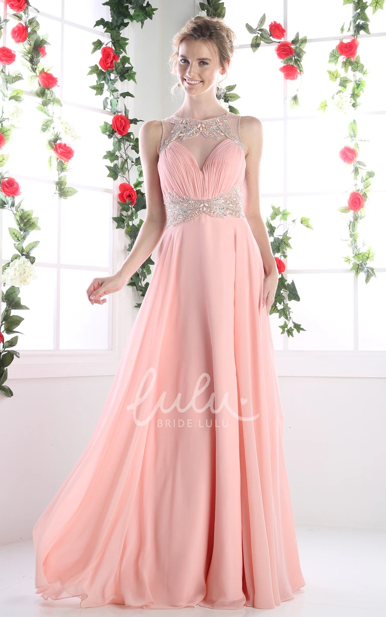 Sleeveless Chiffon A-Line Dress with Keyhole Ruching and Beading Prom Dress