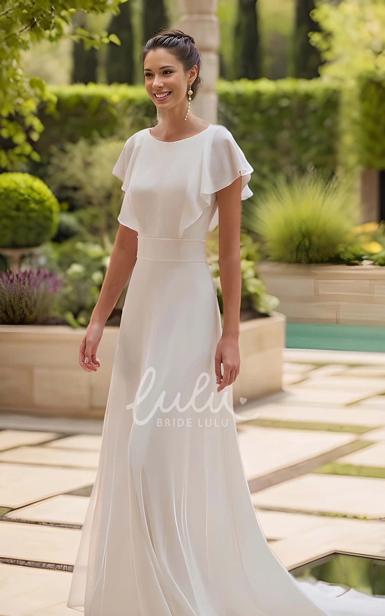 Simple Elegant A-Line Short Butterfly Sleeve Wedding Dress Modern Garden Flowy Scoop Neckline Court Train Bridal Gown with Criss Cross Back