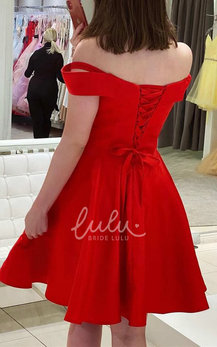 Off-the-Shoulder Satin A-Line Homecoming Dress with Corset Back Romantic Formal Dress