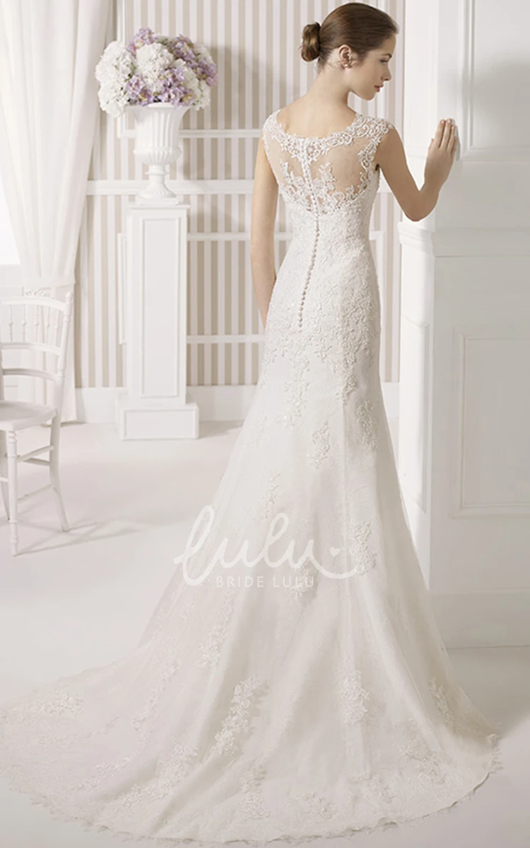 Lace Cap-Sleeve Sheath Wedding Dress with Court Train and Illusion Back