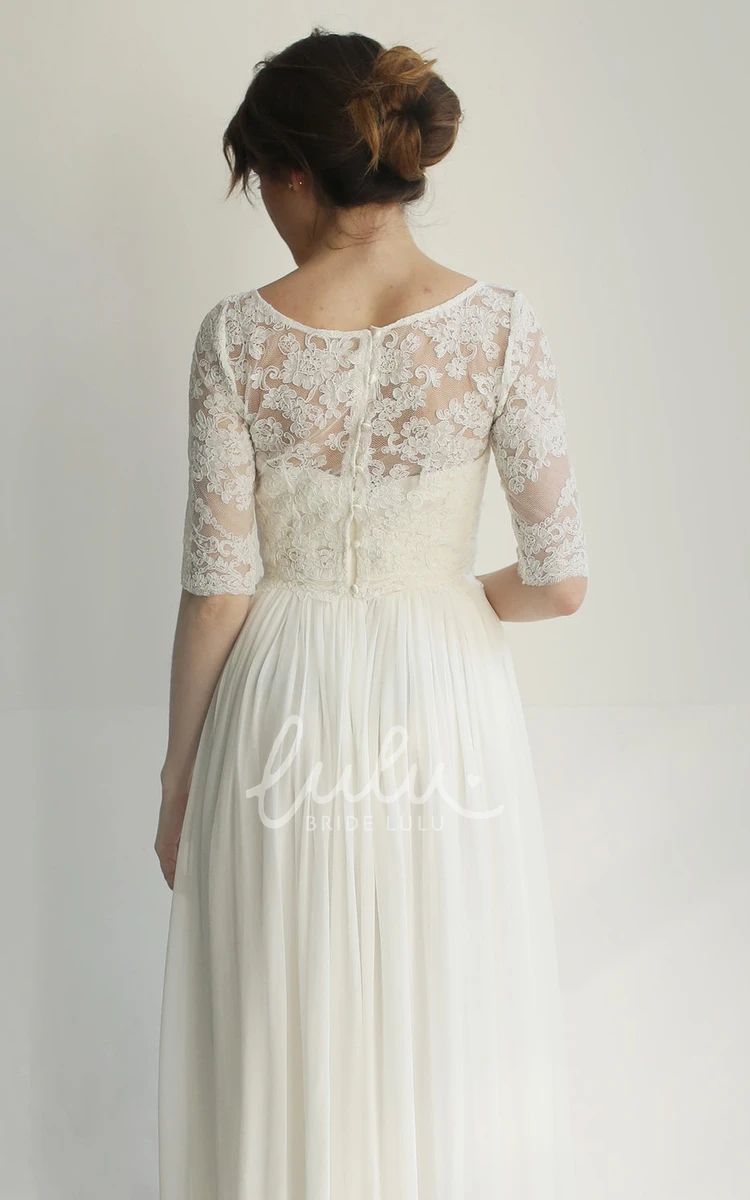 Sheath Chiffon Half-Sleeve Bridal Gown with Bateau Neckline