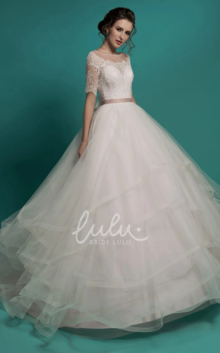 Tulle Tiered Ball Gown with Scoop-Neck and Lace Appliques