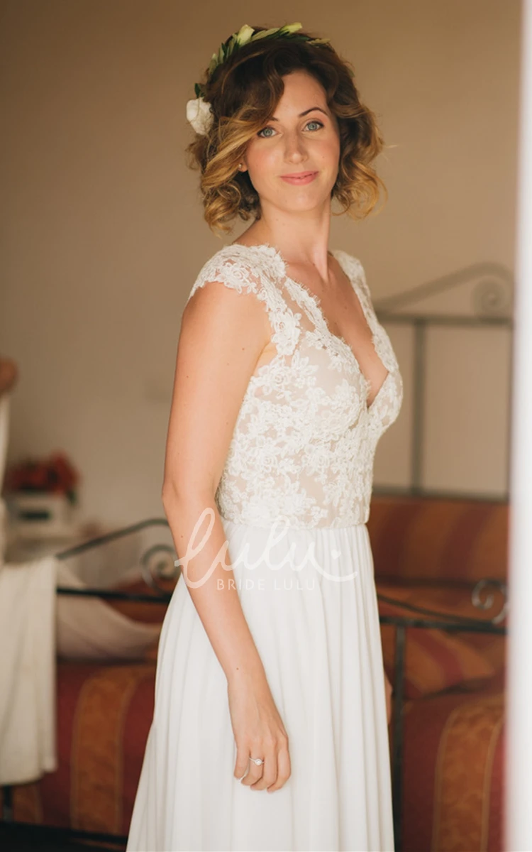 Bohemian Scalloped Chiffon Lace A Line Wedding Dress with Appliques Unique Beach Bridal Gown