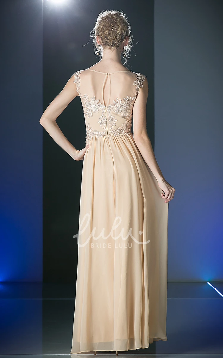 Scoop-Neck Sleeveless Sheath Dress with Appliques and Illusion in Chiffon Fabric