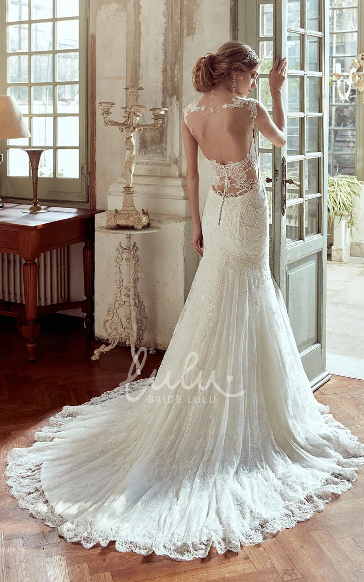 Lace Wedding Dress with Open Back and Brush Train Romantic Bridal Gown