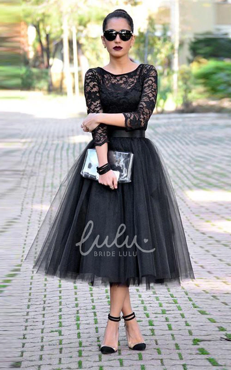 Sexy Black Lace Tea-Length Prom Dress 3/4 Sleeves and Tulle