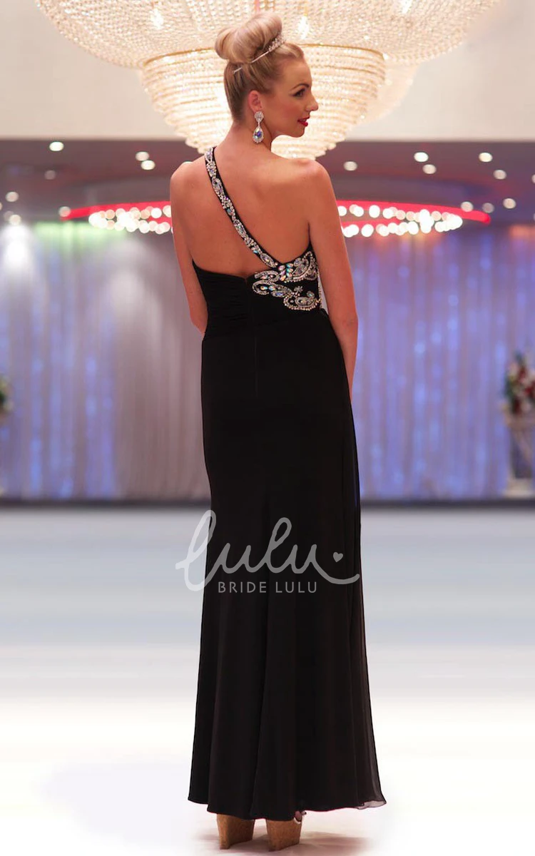 One-Shoulder Beaded Chiffon Prom Dress Sheath Maxi with Ruching and Split Front