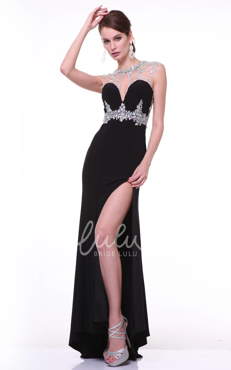 Jewel-Neck Jersey Illusion Prom Dress With Beading And Split Front Sheath