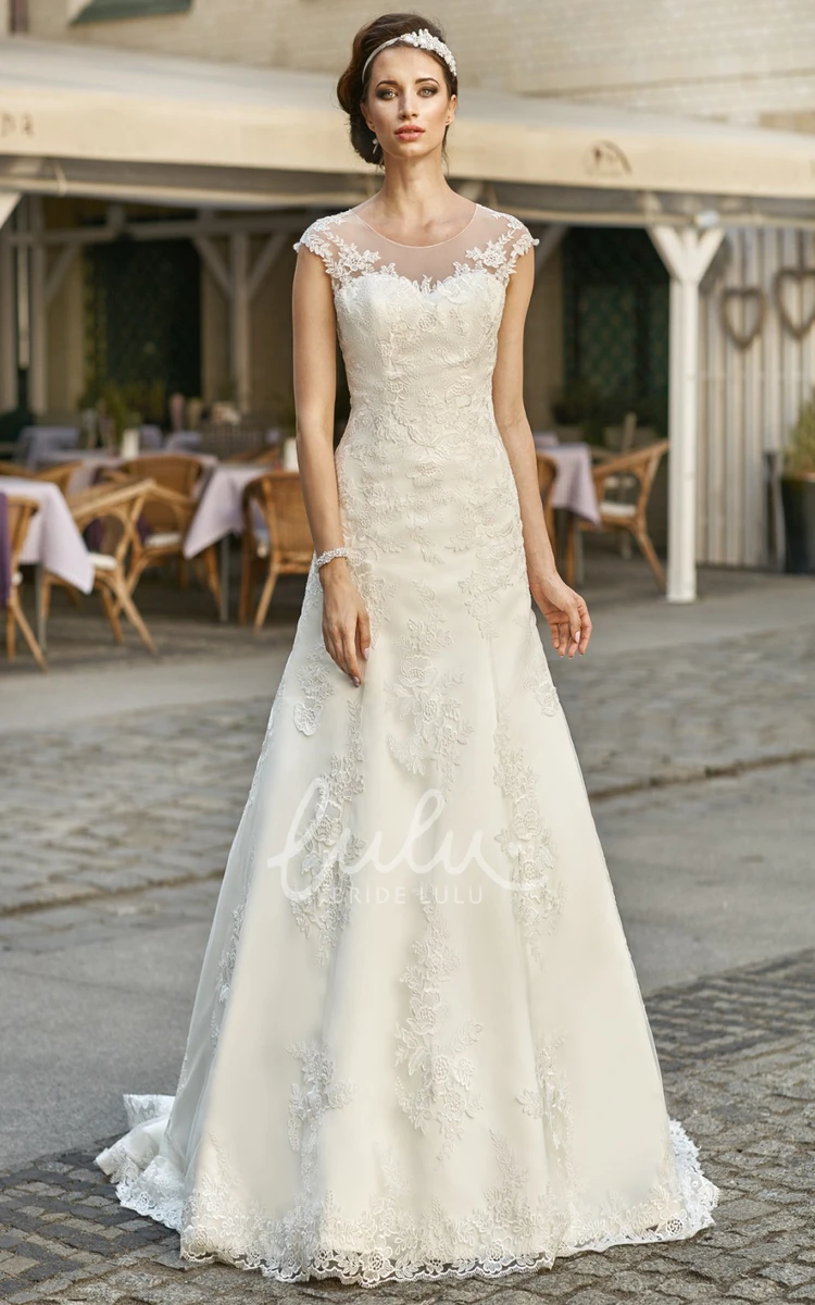 Lace&Satin A-Line Cap-Sleeve Wedding Dress with Scoop-Neck Elegant Wedding Dress