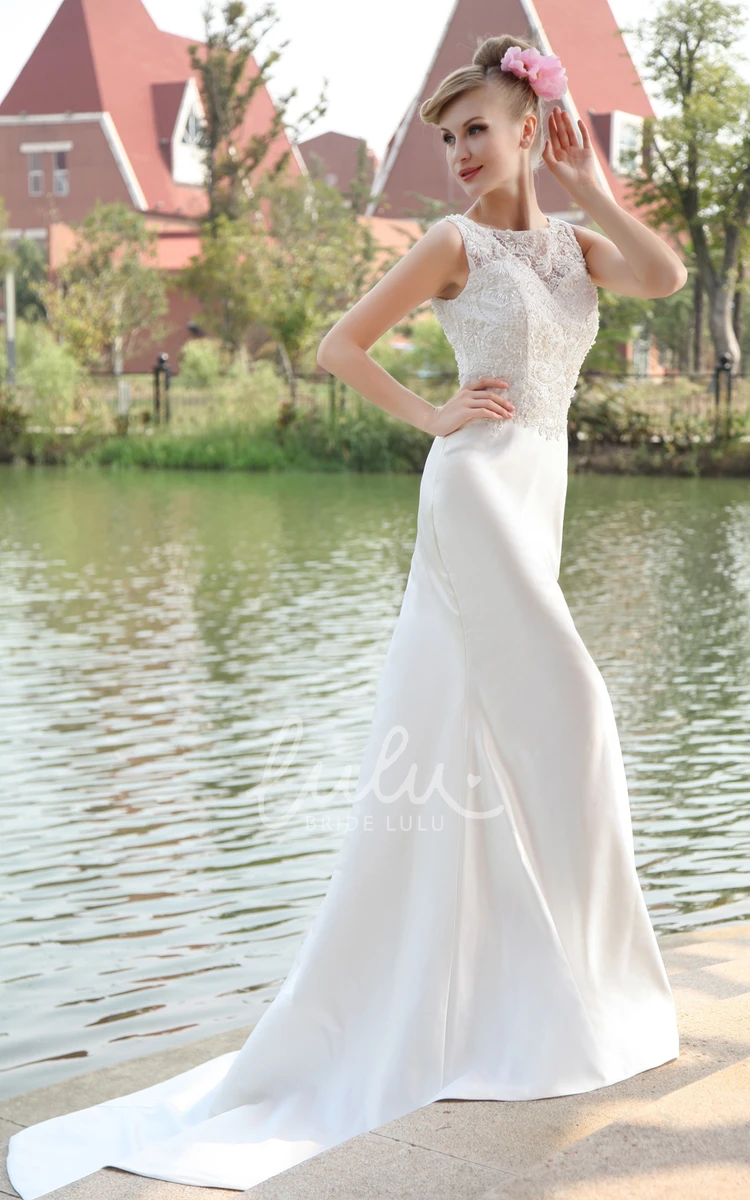 Sleeveless Sheath Satin Wedding Dress with Laced Top