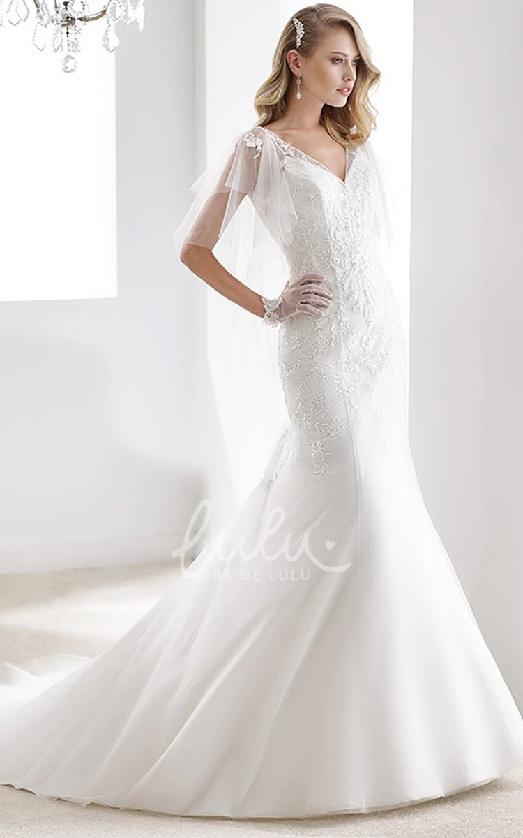 Open Back Sheath Mermaid Wedding Dress with Cape Sleeves and V-Neck