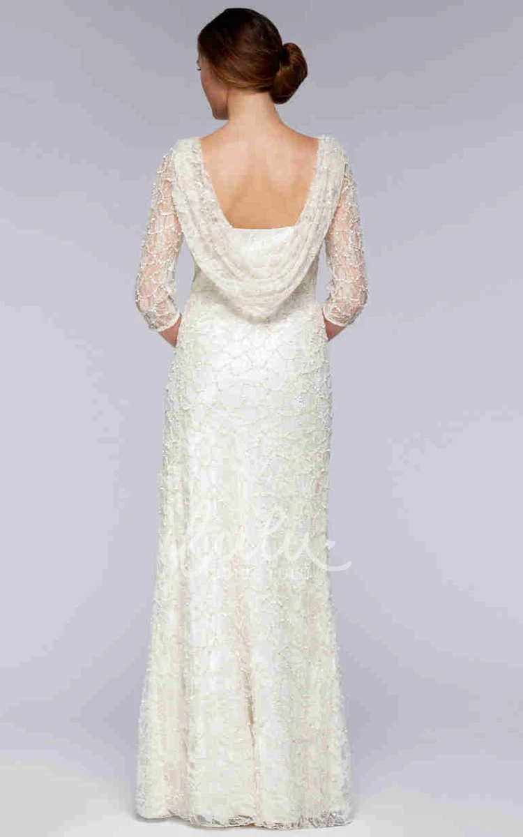 3/4 Sleeve Lace Sheath Wedding Dress with Scoop Neck Classy Bridal Gown