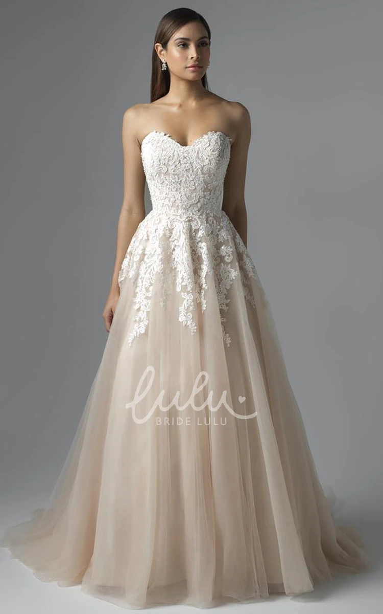 Sweetheart Lace&Tulle Wedding Dress with Appliques Floor-Length A-Line Bridal Gown
