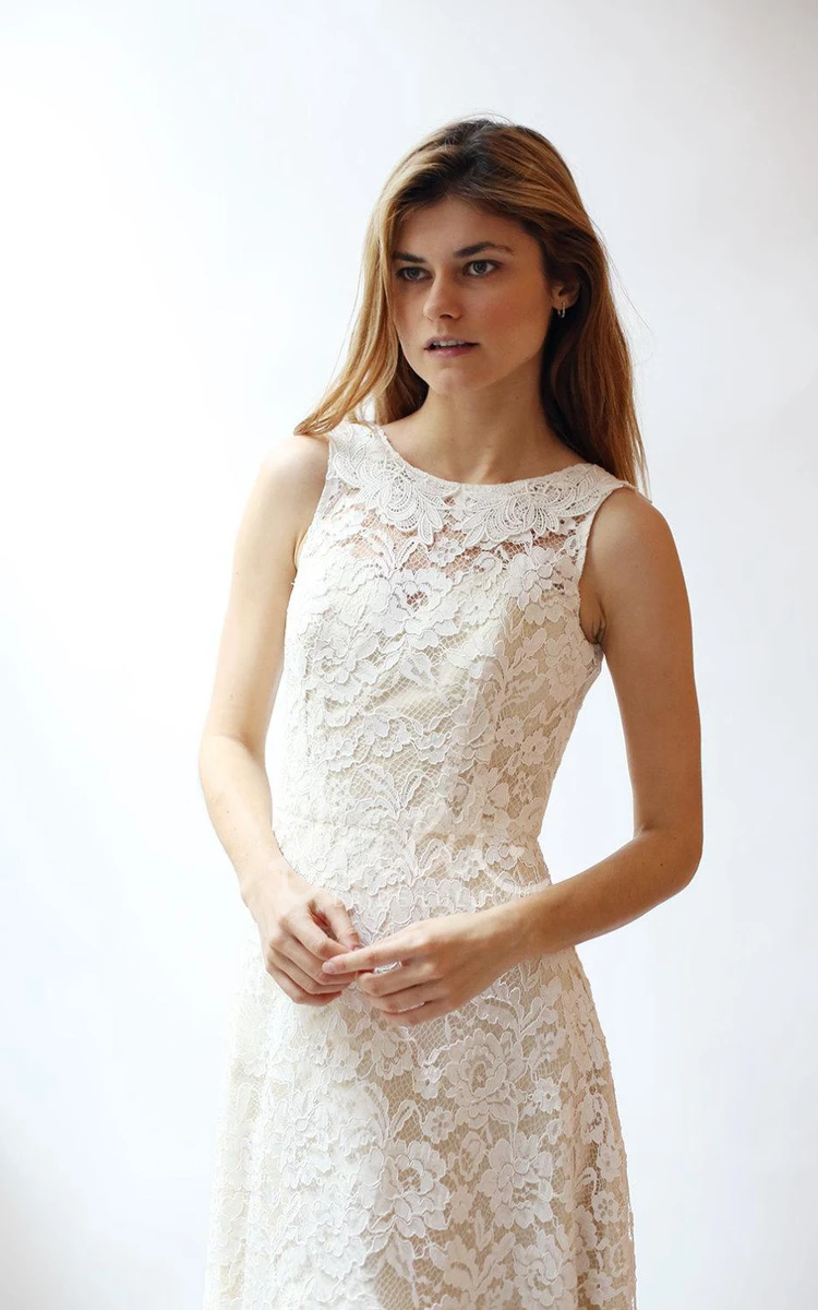 Rose Lace A-Line Wedding Dress Jewel Neck and Sleeveless Design