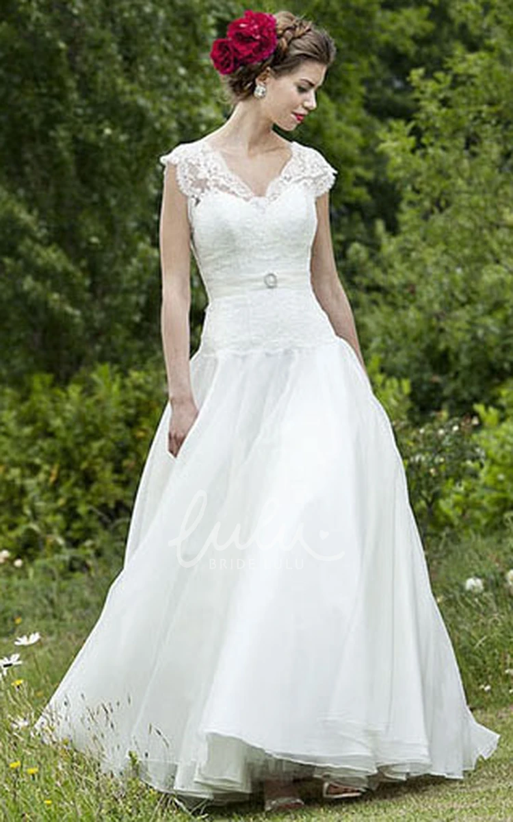 V-Neck Chiffon Wedding Dress with Cap Sleeves and Appliques Floor-Length