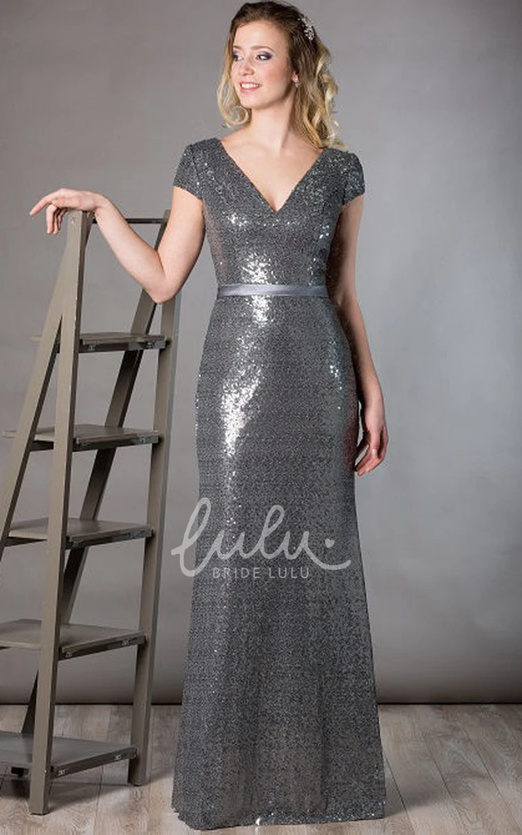 Sheath Sequin Mother Of The Bride Dress with V Neck Short Sleeve & Satin Sash