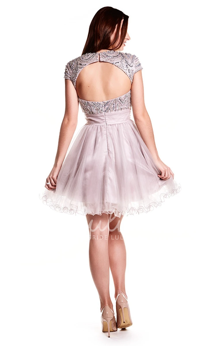 A-Line Tulle Mini Prom Dress with Sequined Cap Sleeves and Keyhole Chic Party Dress
