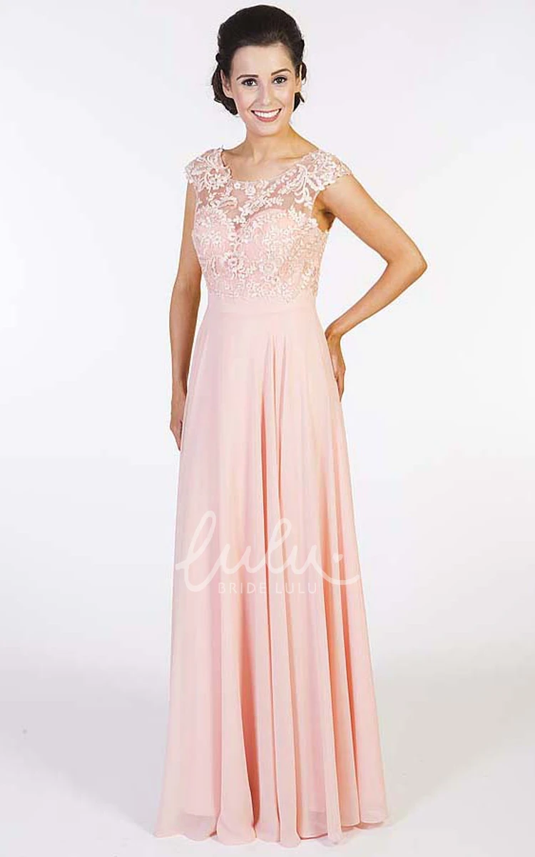 Embroidered Cap-Sleeve Chiffon Prom Dress with Scoop-Neck Floor-Length