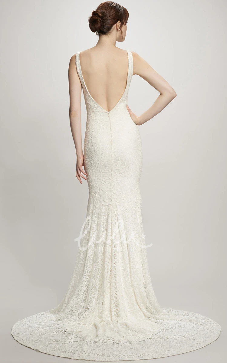 Lace Maxi Wedding Dress with Court Train and V Back Boho Bridal Gown