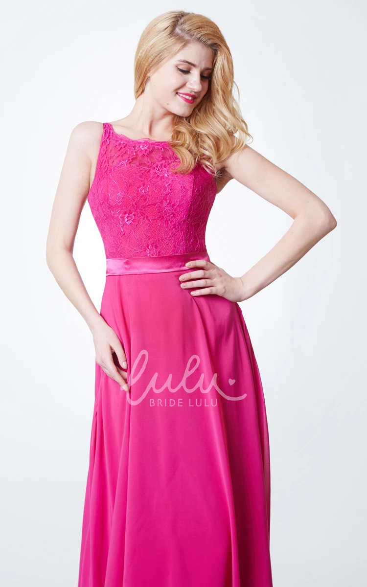 Chiffon Lace Jewel Neck Bridesmaid Dress with Long Sleeves