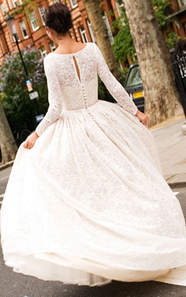 Sheath Lace Wedding Dress with Illusion Back Floor-Length Long-Sleeve