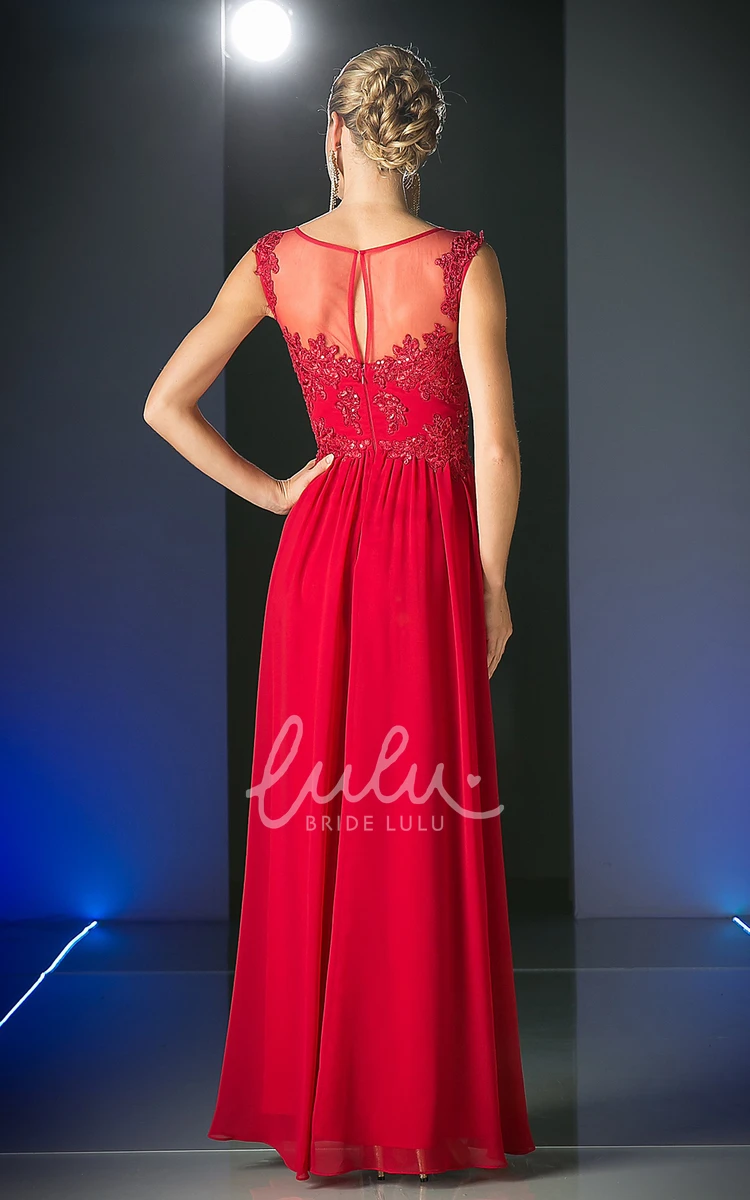 Scoop-Neck Sleeveless Sheath Dress with Appliques and Illusion in Chiffon Fabric