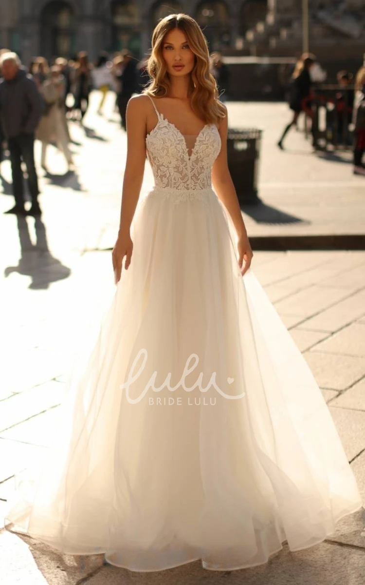 A-Line Halter Off-the-shoulder Spaghetti Lace Wedding Dress with Sleeveless