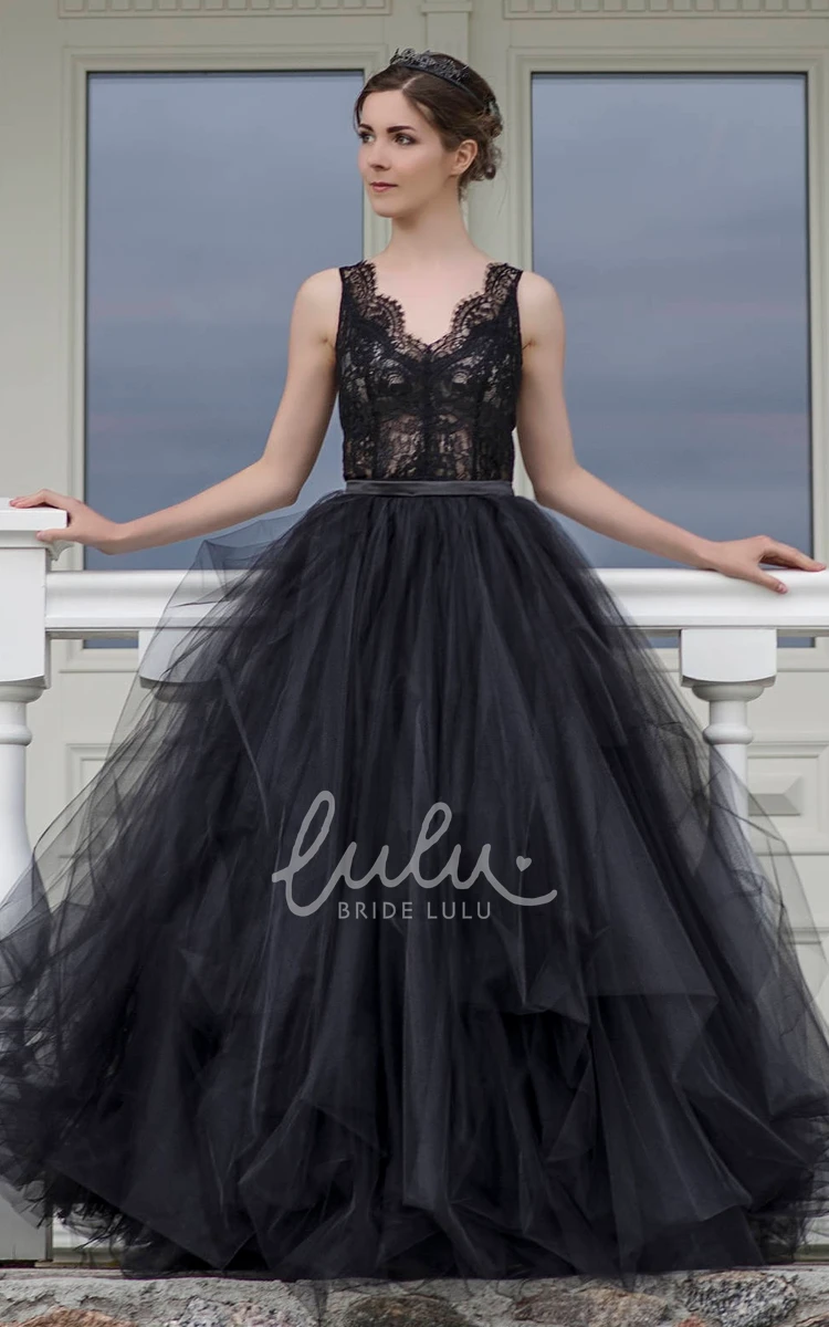 A-Line Sleeveless Floor-length Straps Lace Ruffles Sash Black Wedding Dress