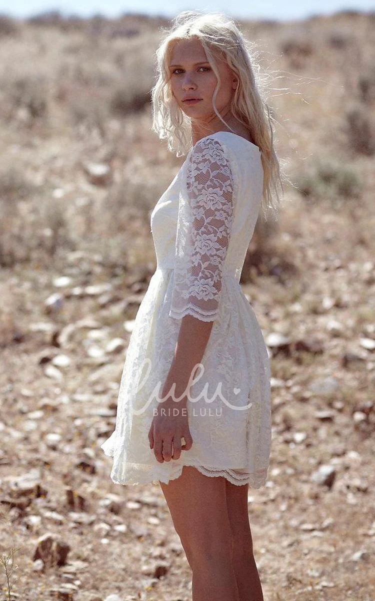 Short Lace Wedding Dress with Illusion Sleeves Pleats and Scoop Neck