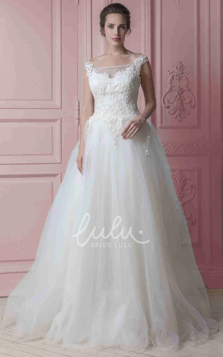 Cap-Sleeve A-Line Tulle Wedding Dress with Appliques Bateau-Neck Bridal Gown with Ruffles