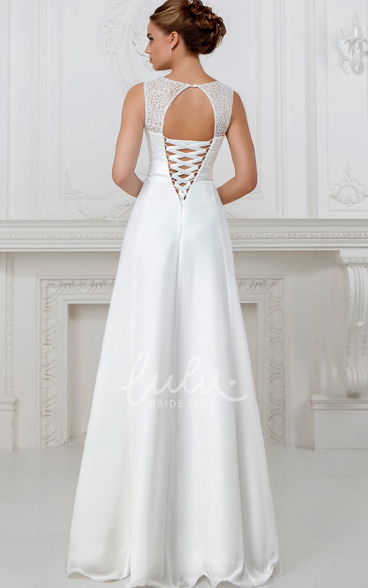 Lace Sleeveless A-Line Wedding Dress with Pleats Long Scoop-Neck