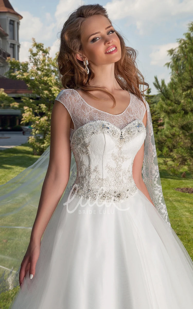 Jeweled Tulle Wedding Dress with Cape Ball Gown Sleeveless