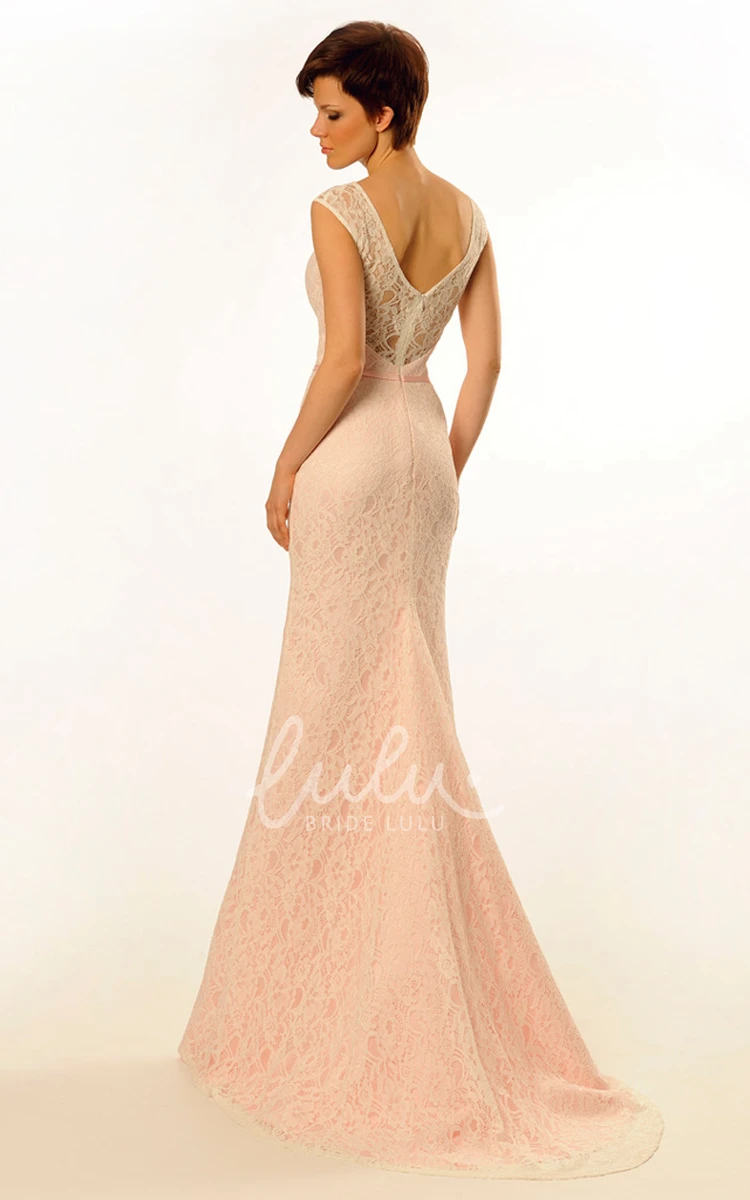 Scoop Lace Sheath Prom Dress with Cap-Sleeves Low-V Back and Brush Train