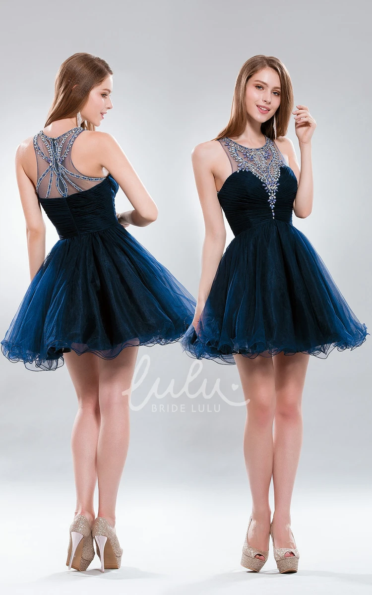 High Neck Sleeveless Tulle A-Line Dress with Beading and Ruffles Formal Dress