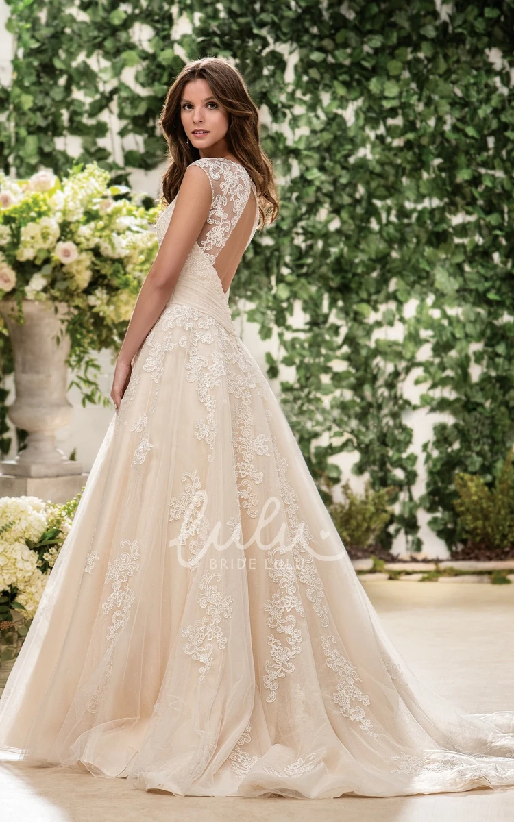 A-Line Wedding Dress with Cap Sleeves V-Neckline and Keyhole Back